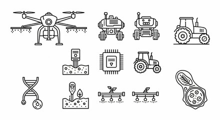 Agriculture Technology Line Icon Set – Drone, Robot, Smart Tractor, Sensor, Irrigation, Biotech Thin Linear Vector Illustration

