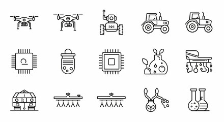 Agriculture Technology Line Icon Set – Drone, Robot, Smart Tractor, Sensor, Irrigation, Biotech Thin Linear Vector Illustration

