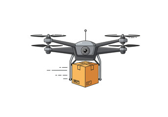 Modern Drone Delivering Package with Propellers and Camera Vector Illustration.