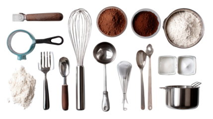 Baking Tools and Ingredients: A flat lay of baking tools like measuring cups, whisks, and baking ingredients, isolated on a Transparent background, PNG file.