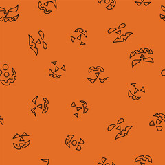 Black Line Art Jack o Lantern Faces Tossed on a Halloween Orange Background creating a seamless pattern print