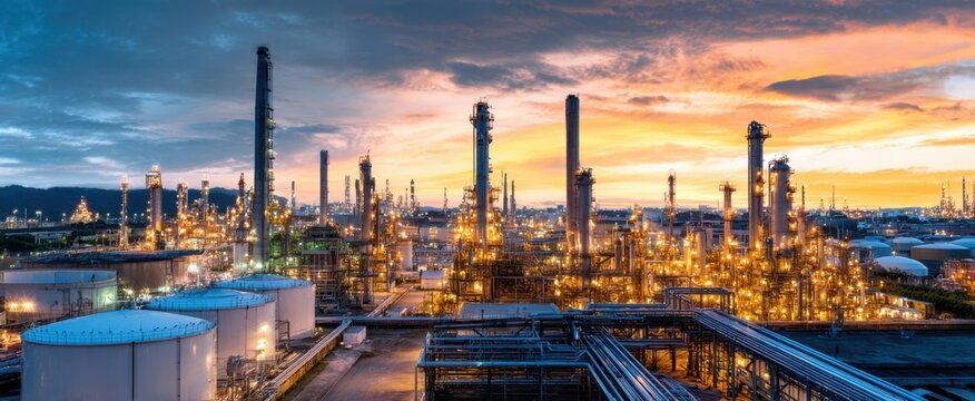 The stunning industrial skyline illuminated by sunset at an oil refinery.