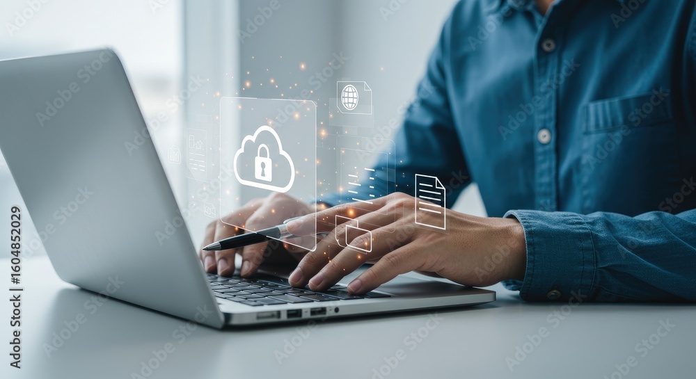 Poster man typing on laptop with cloud data icons, security and information flow