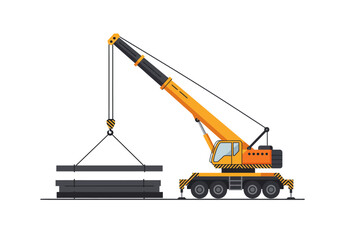 Cartoon Yellow Crane Lifting Gray Concrete Slabs with Black Cables and Hook.