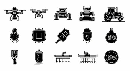 Agriculture Technology Line Icon Set – Drone, Robot, Smart Tractor, Sensor, Irrigation, Biotech Thin Linear Vector Illustration

