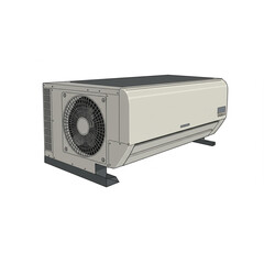 Modern outdoor air conditioner unit on a clean white background, sleek design for efficient cooling