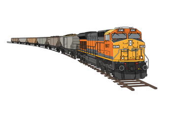 Orange Freight Train with Cargo Cars in Motion. © charly