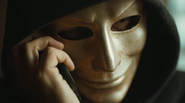 Hacker or Scammer Wearing a Mask Talking on the Phone