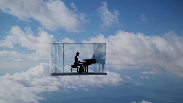 Solo artist performs on piano inside transparent glass box floating among clouds, piano resonates through open sky, visionary piano stage inspires dreams. Concept modern art - Powered by Adobe