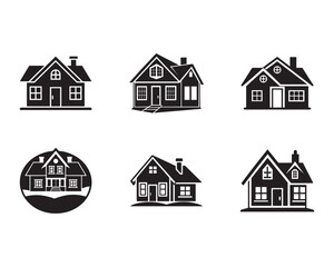 Collection of Six Different House Icons in Black and White Simple House Vectors
