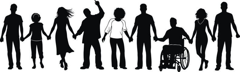 Silhouette of diverse group holding hands, wheelchair inclusion, equality concept, community support, black vector design, unity illustration, emotional bonding