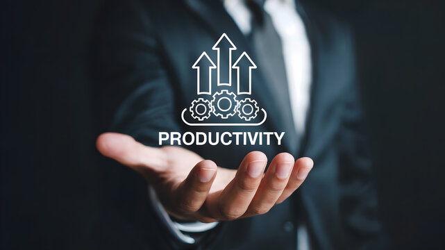 Ambitious professional showcasing upward growth arrows and gears symbolizing enhanced productivity and business efficiency, driving success forward.