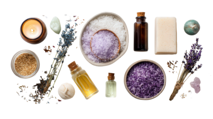 Beauty Products with Spa Essentials: A flat lay of beauty products and spa essentials such as candles and bath salts, isolated on a Transparent background, PNG file.