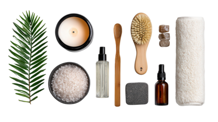 Beauty Products with Spa Essentials: A flat lay of beauty products and spa essentials such as candles and bath salts, isolated on a Transparent background, PNG file.