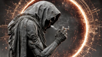 Fototapeta premium Post-Apocalyptic Reaper with Cigarette Glow – Generative AI