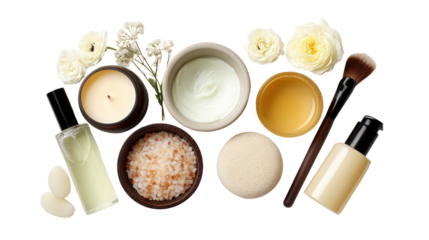 Beauty Products with Spa Essentials: A flat lay of beauty products like skincare and makeup, along with spa essentials like candles and bath salts, isolated on a Transparent background, PNG file.