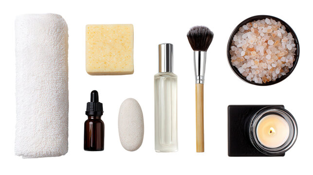 Beauty Products with Spa Essentials: A flat lay of beauty products like skincare and makeup, along with spa essentials like candles and bath salts, isolated on a Transparent background, PNG file.