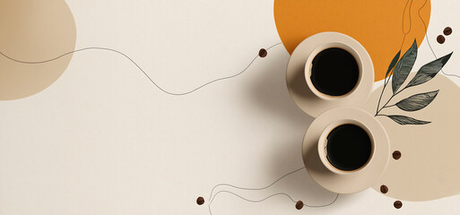 Two coffee cups placed on a minimalist background with abstract shapes and lines, creating a modern and artistic atmosphere for design inspiration and relaxation