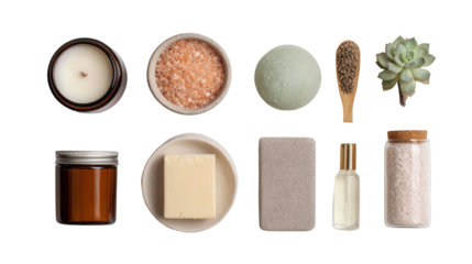 Beauty Products with Spa Essentials: A flat lay of beauty products and spa essentials like candles and bath salts, isolated on a Transparent background, PNG file.