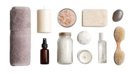 Beauty Products with Spa Essentials: A flat lay of beauty products and spa essentials like candles and bath salts, isolated on a Transparent background, PNG file.