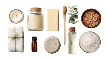 Beauty Products with Spa Essentials: A flat lay of beauty products and spa essentials like candles and bath salts, isolated on a Transparent background, PNG file.