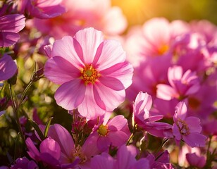close up of vibrant pink flowers in a sunny outdoor garden landscape