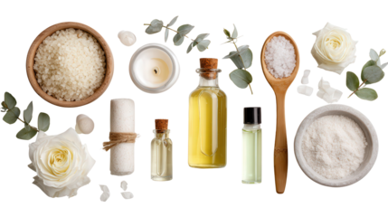 Beauty Products with Spa Essentials: A flat lay of beauty products and spa essentials like candles and bath salts, isolated on a Transparent background, PNG file.