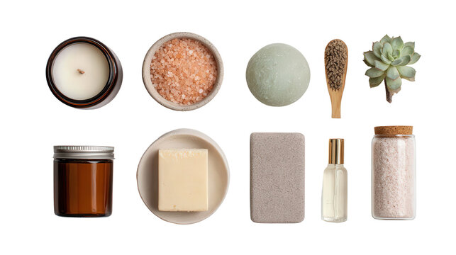 Beauty Products with Spa Essentials: A flat lay of beauty products and spa essentials like candles and bath salts, isolated on a Transparent background, PNG file.