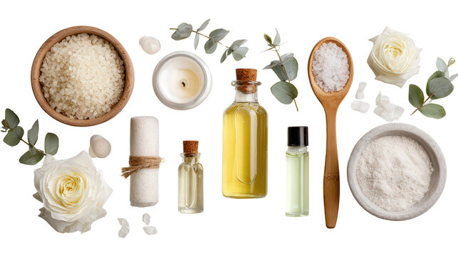 Beauty Products with Spa Essentials: A flat lay of beauty products and spa essentials like candles and bath salts, isolated on a Transparent background, PNG file.
