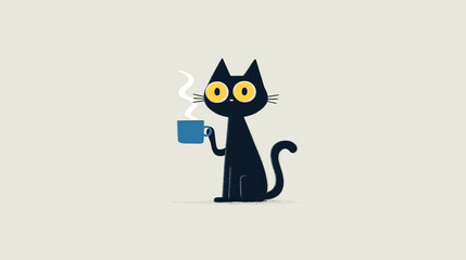 Playful black cat with large yellow eyes, holding a blue cup, surrounded by whimsical steam, creating a charming and cozy atmosphere in a minimalist illustration style