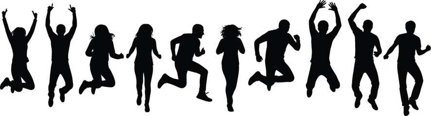 Silhouette of energetic group jumping, running, dancing together, fitness lifestyle movement, black and white vector illustration, active people sequence