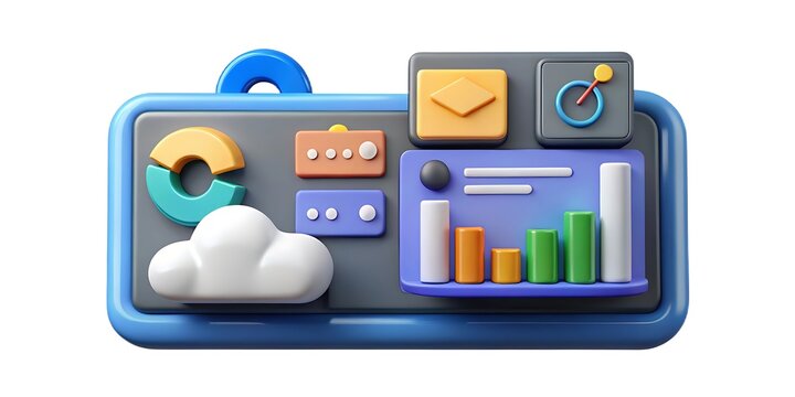 3d digital dashboard with icons and charts isolated on white background