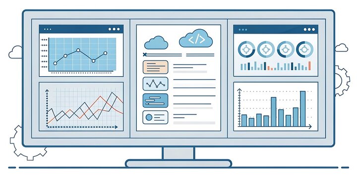 Computer monitor displaying various financial charts and data isolated on white background - Powered by Adobe