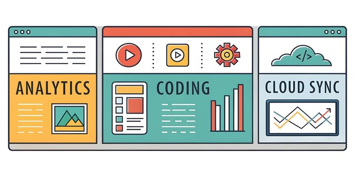 Digital analytics coding and cloud sync concept isolated on white background