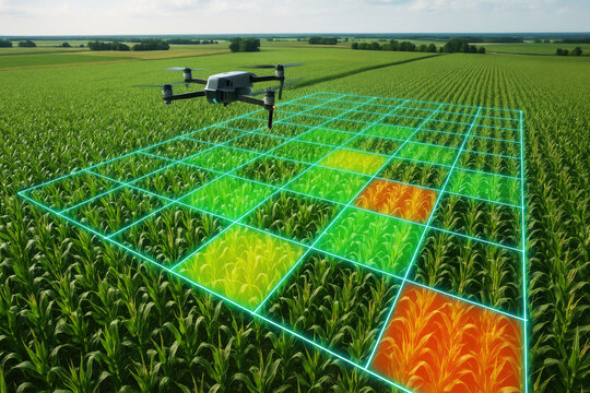 Drone surveying lush green cornfield with digital grid overlay agriculture technology