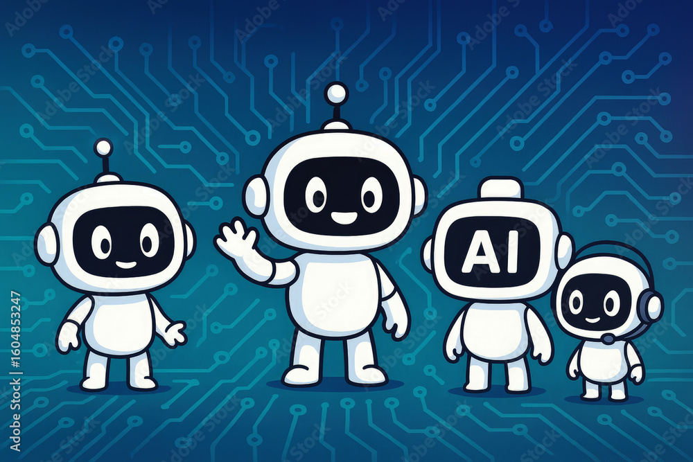Poster four cartoon robots with circuit board background artificial intelligence technology