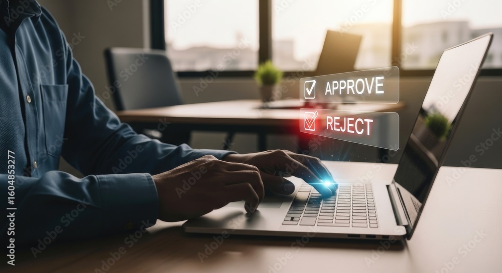 Aufkleber typing hands on laptop with approve reject option interface and indoor setting
