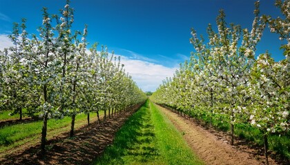 Obraz premium rows of flowering trees in an apple orchard on a sunny spring day agrarian region of ukraine europe