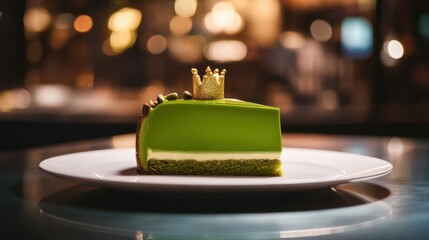 Mini green cake, swamp-themed green frog prince mousse cake, crown on the top, matcha pistachio frosting, rich smooth glossy texture, funny mini cake, birthday party, Halloween dessert, white plate.