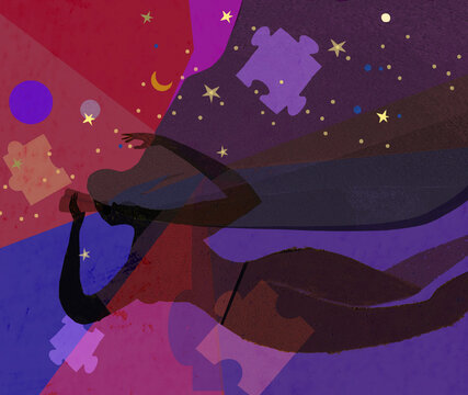 Woman floating in space looking through binoculars at jigsaw puzzle pieces