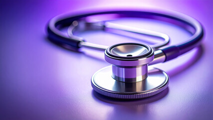 A professional silver and black stethoscope with a focus on its chest piece rests on a smooth, glowing purple surface, creating a vibrant and clean image ideal for medical and health themes.