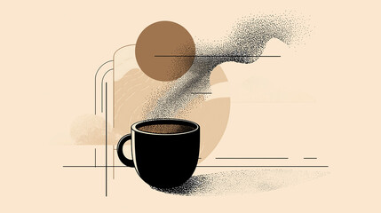 Black coffee cup illustration with abstract shapes and textures, featuring a minimalist design and soft color palette, creating a modern artistic atmosphere