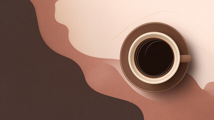 Top view of a coffee cup filled with dark brew, placed on a textured surface with abstract shapes and warm tones, creating a cozy and inviting atmosphere for coffee lovers