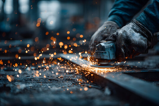 industrial worker in protective gloves using angle grinder on metal, generating bright sparks during precision fabrication process