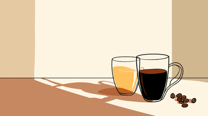 Two transparent cups filled with coffee and tea sit on a wooden table, casting shadows, with coffee beans scattered nearby, creating a cozy atmosphere with copy space
