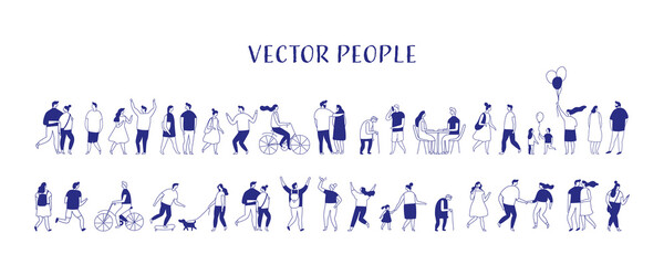 Minimalist vector illustration of diverse people silhouette walking, talking, shopping, and interacting in everyday life. Simple outline style for modern lifestyle and urban concepts.