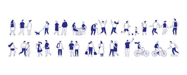 Minimalist vector illustration of diverse people silhouette walking, talking, shopping, and interacting in everyday life. Simple outline style for modern lifestyle and urban concepts.
