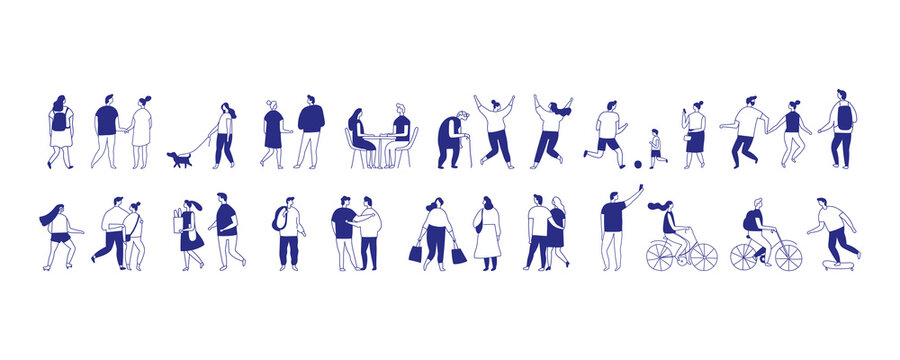 Minimalist vector illustration of diverse people silhouette walking, talking, shopping, and interacting in everyday life. Simple outline style for modern lifestyle and urban concepts.