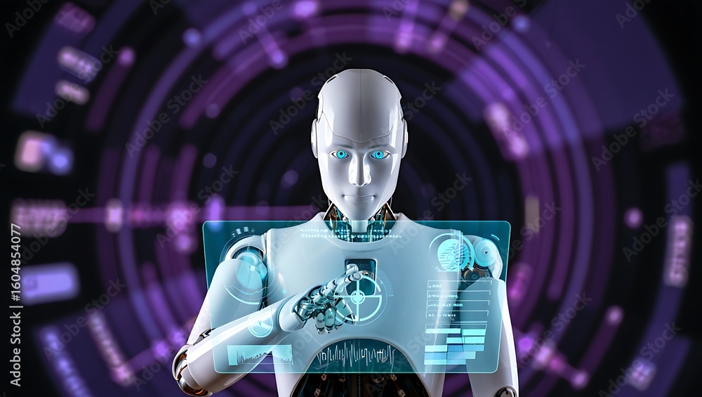Poster futuristic robot interacting with a transparent digital interface