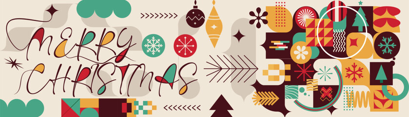 Merry Christmas Vibrant Abstract Geometric Pattern with Modern Typography Colorful Festive Ornaments and Snowflakes Holiday Greeting Background Design